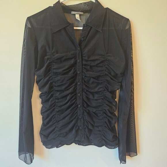 Agentovivo Ruched Black Mesh Button-Up Shirt With Lace-Up corset Back size L - Picture 1 of 7